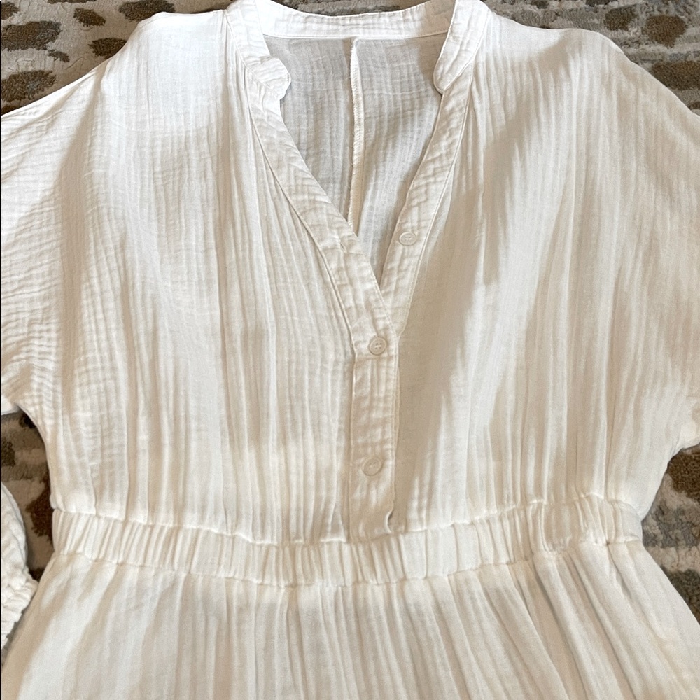 White V-Neck Ruffle Mini Dress Medium Lantern Sleeve Tiered Swing Cotton - Picture 14 of 14